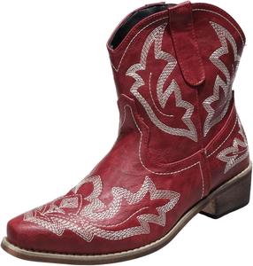 Женские ковбойские ботинки общего дизайна, западные ботильоны для ковбойш, с вышивкой, заостренным носком, массивные короткие ботинки, уличные, повседневные, рабочие Generic, Red