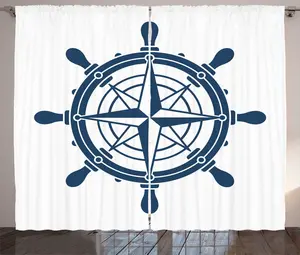 Винтажная штора ABAKUHAUS в морском стиле с татуировкой в деревенском стиле, в стиле штурвала, для спальни, со сборками, петлями и крючками, 280 x 225 см, темно-голубой с белым Abakuhaus