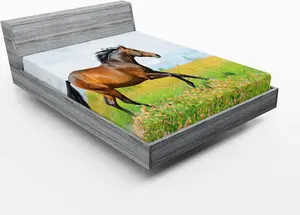 Простыня на резинке ABAKUHAUS Лошадь, скачущая по цветочному лугу, картина Деревенская свобода, 120 x 190 см, зеленый, коричневый, нежно-голубой Abakuhaus