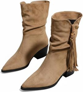 Женские ботильоны с кисточками на массивном каблуке, ретро, с заостренным носком, каблук-кирпич, нескользящие, на подъемке, богемные ботильоны для вечеринок, свиданий и повседневной носки. BEDGMDEG, Khaki