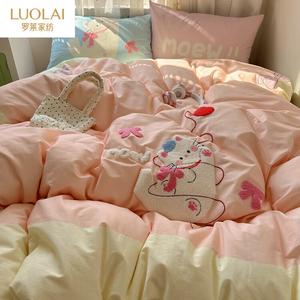LUOLAI HOME Комплект постельного белья, 4 предмета, 180 см, простыня, наволочки, пододеяльник, полотенечная вышивка, мягкий и пушистый, XiaoM/Dream Cat