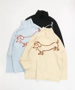 Вязаный свитер с высоким воротником и вышивкой в виде собаки, 100% шерсть Studio Picone, цвет Light Blue(069)