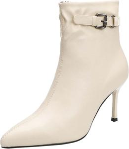 Женские ботильоны JOEupin с острым носком, высокие каблуки-стилеты, боковая молния, короткие ботинки с металлической пряжкой K04, Beige
