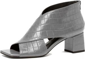 LEHOOR Women Chunky Heel Open Toe Booties Suede Side Cut-Out Ankle Boots Square Peep Toe 2 Inch Block Mid Heels Dress Heeled Sandal Booties Back Zipper Summer Casual Size 4-11 M US, Crocodile Grey