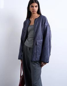 Двухцветная флисовая куртка Topshop без воротника темно-синего цвета