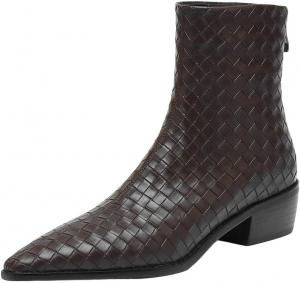 Женские ручные ботинки из цельной коровьей кожи с квадратным носком и плетеным дизайном на высоком каблуке, осень-зима, современная мода Generic, Brown
