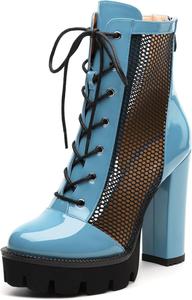 Женские ботильоны на щиколотку, ботильоны на платформе с массивным каблуком, сексуальные сетчатые сандалии с задней молнией 4,5 MISEZOXI, Light Blue Patent