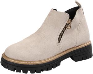 Женские модные короткие ботинки - круглый носок, широкий каблук, боковая молния, большой размер - подходят для повседневной носки или работы. HoaloX, Beige