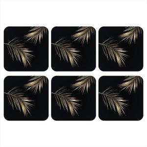 MuchoWow Стеклянные подставки под стаканы, набор из 6 штук, листья - растения - золотистый - черный - роскошный, 10x10 см