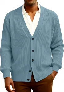 Мужской кардиган с V-образным вырезом и длинными рукавами, вязаный, на пуговицах, рифленая вязка