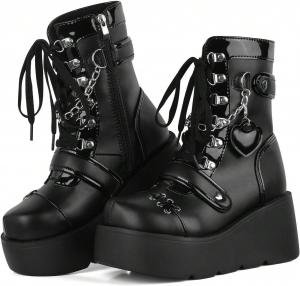 Готические панк-босоножки на платформе для женщин, ботильоны на платформе с высоким клином, готические лакированные ботинки с шнуровкой и цепочкой, ботинки на шнуровке и молнии в стиле милитари CTKVbmeoi, Black