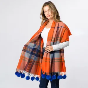 Шарф в клетку с помпонами и кисточками из искусственного меха Truedames