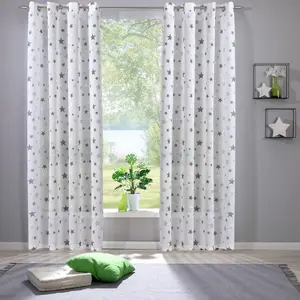 Штора Heimtexland с эффектом льна, натуральная, серые звезды, декор для детской комнаты, напечатанная, полупрозрачная, тип 897, люверсы, 245 x 135 см (В x Ш) - 1 шт. heimtexland