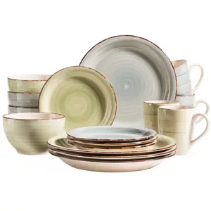 Комбинированный сервиз MÄSER "Lumaca", (набор, 16 предметов, по 4 обеденные тарелки, десертные тарелки, кофейные кружки, универсальные миски), имитация дерева, ручная роспись мазком, каждое изделие уникально, серый/зеленый