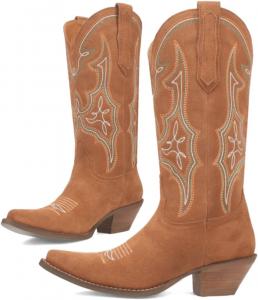 Женские замшевые ковбойские сапоги SHODENSE до середины икры с вышивкой, каблук «ста́к», заостренный носок, стиль вестерн, сапоги до икры, на низком широком каблуке, повседневные винтажные сапоги для ковбойшики, размеры 4-11 M US, Suede Brown