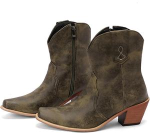 Женские короткие ковбойские ботильоны Alyaafifa с вышивкой, с низким каблуком на массивном блоке, закрытым заостренным носком, на подкладке, кожаные стильные винтажные удобные ботинки, D - Green