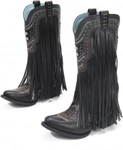 Женские ковбойские сапоги с заклепками и бахромой для рейва - ретро, широкие, средней высоты, с вышивкой, платформой и низким каблуком, комфортная обувь с кисточками для долгого ношения Zenrave, Black