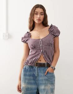 Топ в стиле вестерн-прерий Reclaimed Vintage с рукавами-фонариками и застежкой на пуговицы в красную клетку