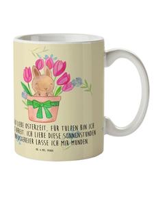 Детская кружка с кроликом, тюльпанами и надписью в цветочном стиле. Mr. & Mrs. Panda