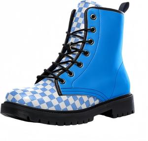 Женские короткие ботинки с принтом на шнуровке, с широким каблуком, боевые ботильоны для девушек и женщин, осенние и зимние, с рисунком роз, черепов, бабочек и мультяшных узоров Maimeili, Checkerboard Blue