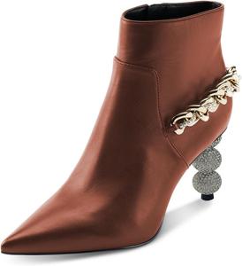 Женские ботильоны YDN на цепочке, с металлической жемчужиной, заклепками, на среднем каблуке, с заостренным носком и боковой молнией, для вечеринки, свидания, выпускного, размеры US 4-16, Brown