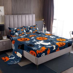 Erosebridal Gothic Ghost Bed Sheets Set for Teens Youth,Pumpkin Sheet Set Queen,Black Cat Bat Spider Net Sheets,Halloween Decor Flat Fitted Sheet with 2 Pillowcases Wrinkle Free, Blue Orange