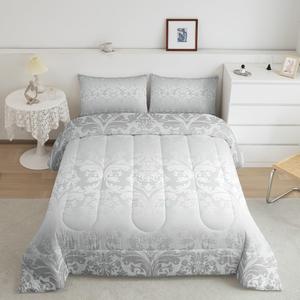 Erosebridal Комплект постельного белья Boho Floral в стиле бохо с готическим викторианским узором и экзотическими цветами серо-белого цвета, Grey White