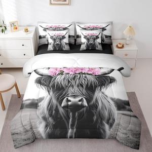 Erosebridal Комплект постельного белья Highland Cow с цветочным принтом и животными из микрофибры в розово-серых тонах, Gray