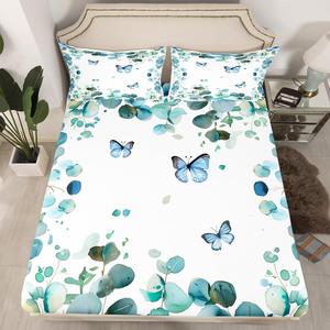 Erosebridal Детский комплект постельного белья Butterfly, синие бабочки и листья эвкалипта, микрофибра, Blue Green