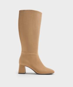 Высокие сапоги с квадратным носком и боковой молнией Charles & Keith, цвет Sand