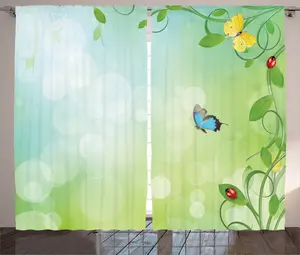 Штора в деревенском стиле Бабочка от ABAKUHAUS, Весенние цветы, солнечные, присборенная тесьма для спальни с петлями и крючками, 280 x 245 см, бледно-зеленый Abakuhaus