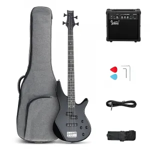 Бас-гитара Glarry GIB на 4 струны, полноразмерная, с сингл-катушечными звукоснимателями и усилителем 20 Вт - черная