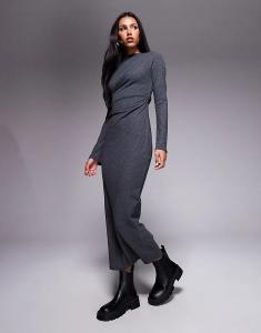 Длинное платье ASOS DESIGN с драпировкой в ​​рубчик, антрацитового цвета