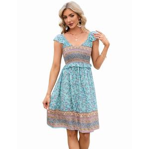 Женское платье-миди с короткими рукавами и V-образным вырезом с цветочным принтом и рюшами Kojooin, синий