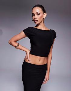 Эксклюзивный двухслойный облегающий топ с вырезом-лодочкой и открытой спиной, черный цвет Kaiia