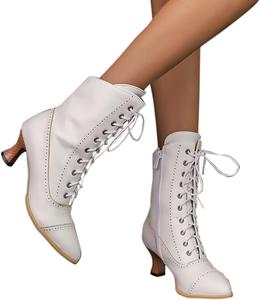 Женские винтажные викторианские сапоги 70-х, ботильоны на шнуровке, средний каблук, ведьминские, бабушкины ботинки, сапоги до середины икры, костюмные, ретро-конусообразный каблук, боковая молния, заостренный носок Generic, C White