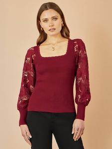 Топ с ажурными рукавами в рубчик Yumi, Burgundy