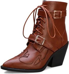 Женские ботильоны COMFASH с шнуровкой, пряжкой и массивным каблуком, ботинки в стиле милитари с блочным каблуком, Brown
