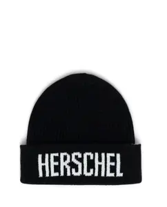 Черная шапка-бини унисекс в рубчик с белым логотипом Herschel