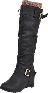 Женские зимние ботинки ZDLJYL на танкетке с внутренней вставкой для увеличения роста, модные ботфорты с пряжкой и боковой молнией, Black