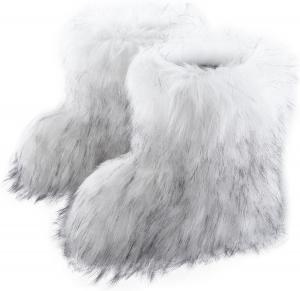 Женские ботинки из искусственного меха, пушистые зимние сапоги, мягкие зимние туфли, плюшевые средне-высокие ботинки на плоской подошве Fur Story, White With Black Tip