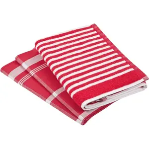 РОСС Полотенце Exclusiv 1 кухонное махровое полотенце (полоски) и 2 полотенца для посуды (клетчатый дизайн) Ross, красный