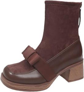 Женские короткие ботинки с квадратным носком и бантом на верхней части, обеспечивающие тепло и комфорт, подходят для повседневного использования. Fusecottc, Brown