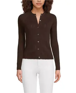 Женский кардиган-свитер из хлопка с ажурной вязкой и атласной отделкой Lands' End, коричневый