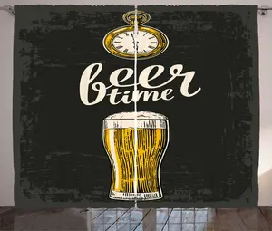 Штора ABAKUHAUS Beer Rustic, Пивное время и старые часы, универсальная тесьма для гостиной с петлями и крючками, 280 x 175 см, темно-зеленый, желтый, кремовый Abakuhaus