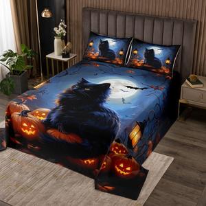 Erosebridal Комплект постельного белья 3D Black Cat с тыквами и луной, стеганое покрывало с котятами для детей и взрослых, Orange Blue