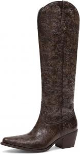 Женские ковбойские сапоги с тиснением до колена, западные сапоги с заостренным носком, удобным массивным каблуком, модель на подъем, сапоги для верховой езды GPXGPX, Brown