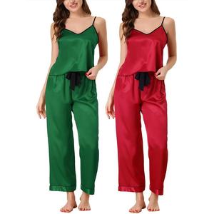 Женские летние подтяжки, пижамы из ледяного шелка, домашняя одежда, комплект из трех предметов Cheibear, цвет Green Red
