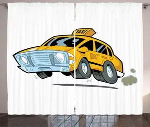 Штора ABAKUHAUS Нью-Йоркское такси в деревенском стиле, мультяшное такси в спешке, универсальные ленточные шторы для гостиной с петлями и крючками, 280 x 225 см, бело-желтая земля Abakuhaus
