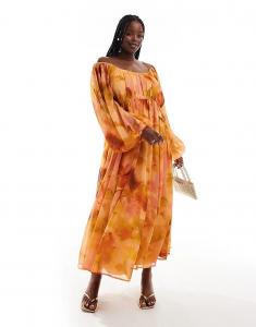 Платье макси ASOS DESIGN Curve с круглым вырезом, присборенной талией и оранжевым цветочным принтом Asos Curve